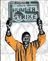 Stylized graphic of a black man in an orange prison jumpsuit holding an empty metal meal tray above his head. Text superimposed on the tray reads "RED ONION STATE PRISON, HUNGER STRIKE"